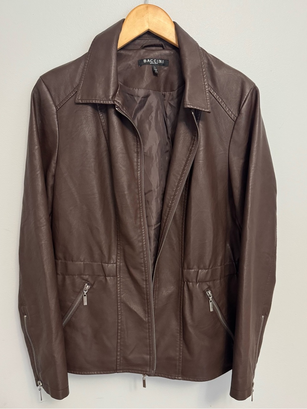 Baccini Faux Leather Zip Jacket Brown Size L